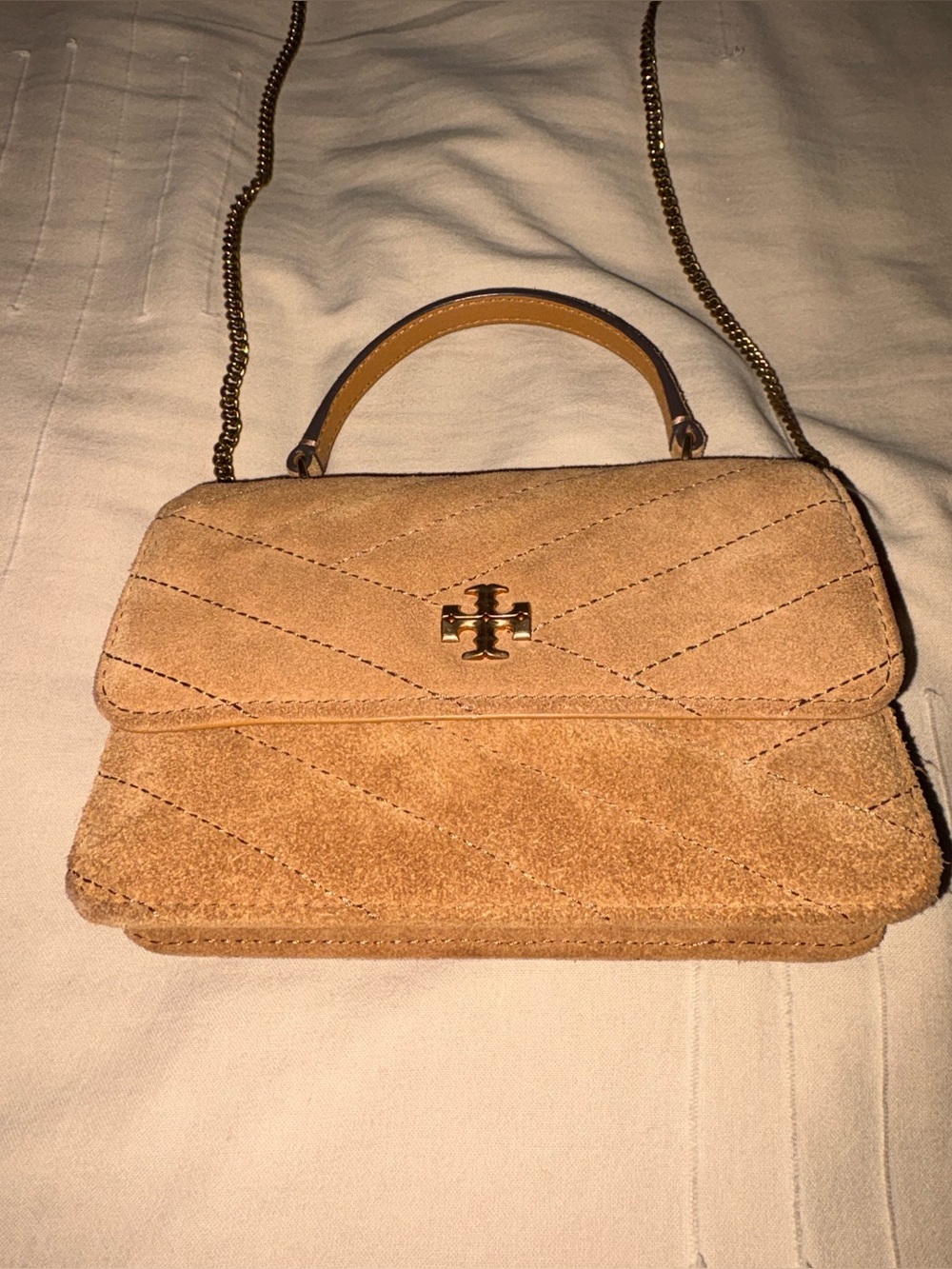 Tory Burch Mini Kira Chevron Quilted Suede like new in tiramisu brown